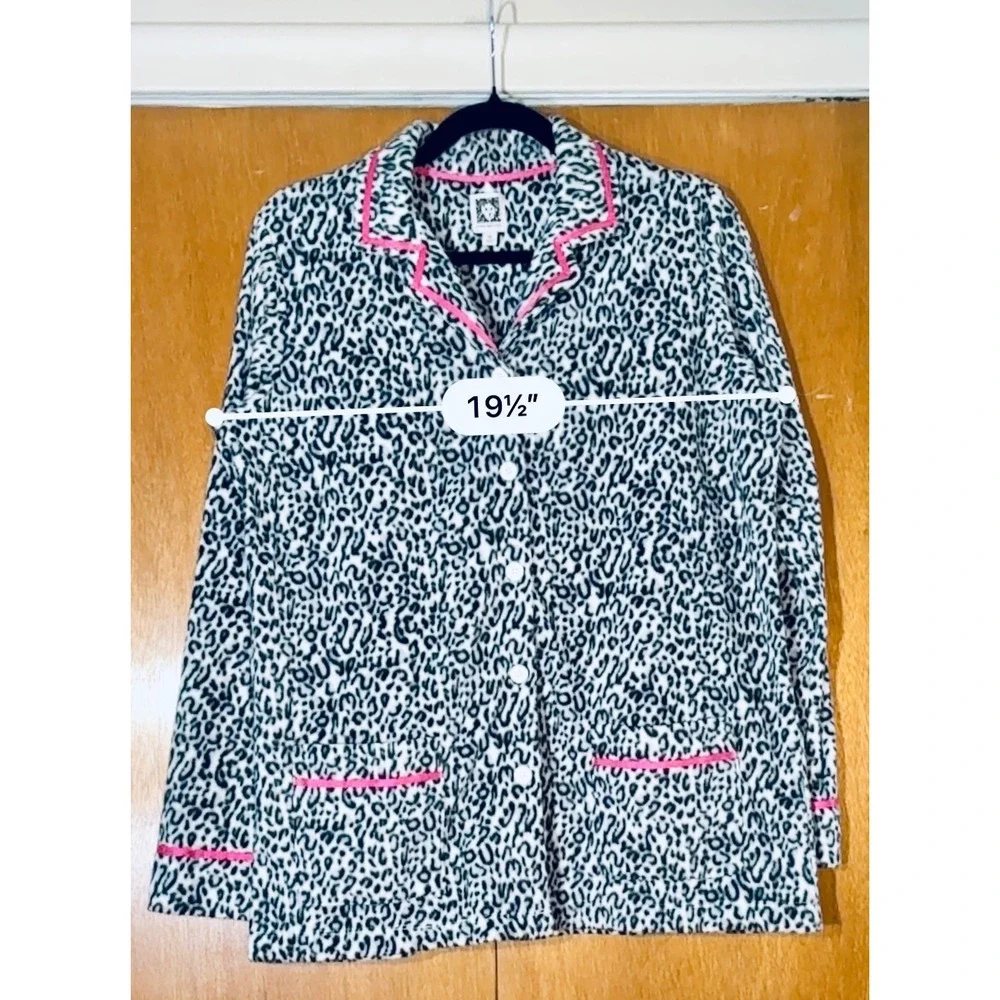 Anne Klein Womens Leopard Print Fleece Pajama‎ Set Button Up Pants Pink Trim Med
